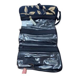 Jones New York black tan floral cosmetic jewelry bag 3 zip areas roll up tie bag